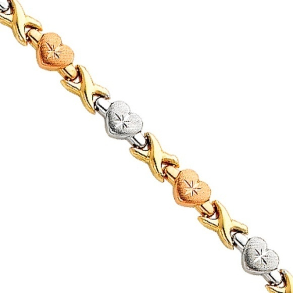 14k Tri Color Heart & XO Chain Bracelete 7.25"